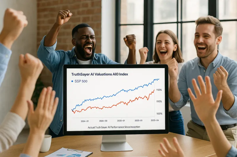 A diverse group of happy professionals cheer in celebration around a computer monitor displaying a performance chart labeled “TruthSayer AI Valuations AI© Index.” The chart shows TruthSayer AI outperforming the SSP 500 from early 2024 to mid-2025. The mood is enthusiastic, suggesting strong investment returns or business success.